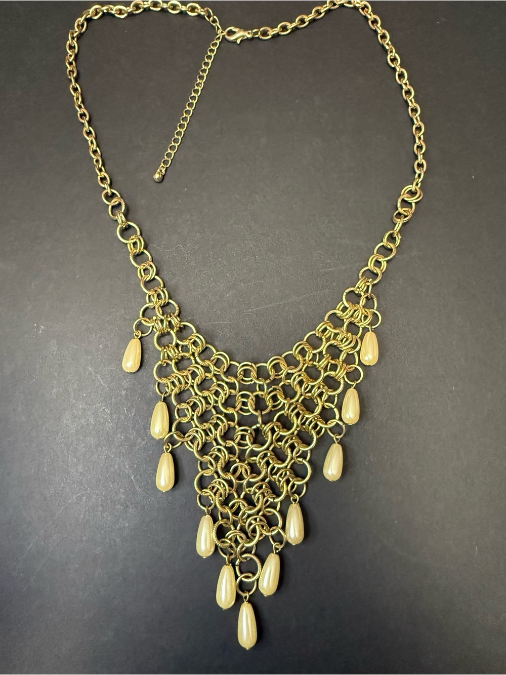 New Gold-Tone Statement Necklace with Cream Teardrop Pearls